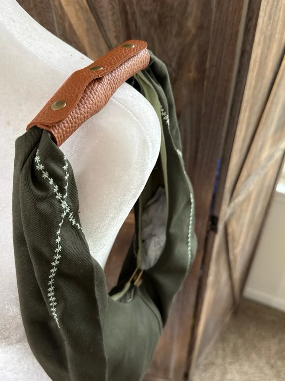 Olive Green Shoulder Hobo Bag with Brown Leather Accent